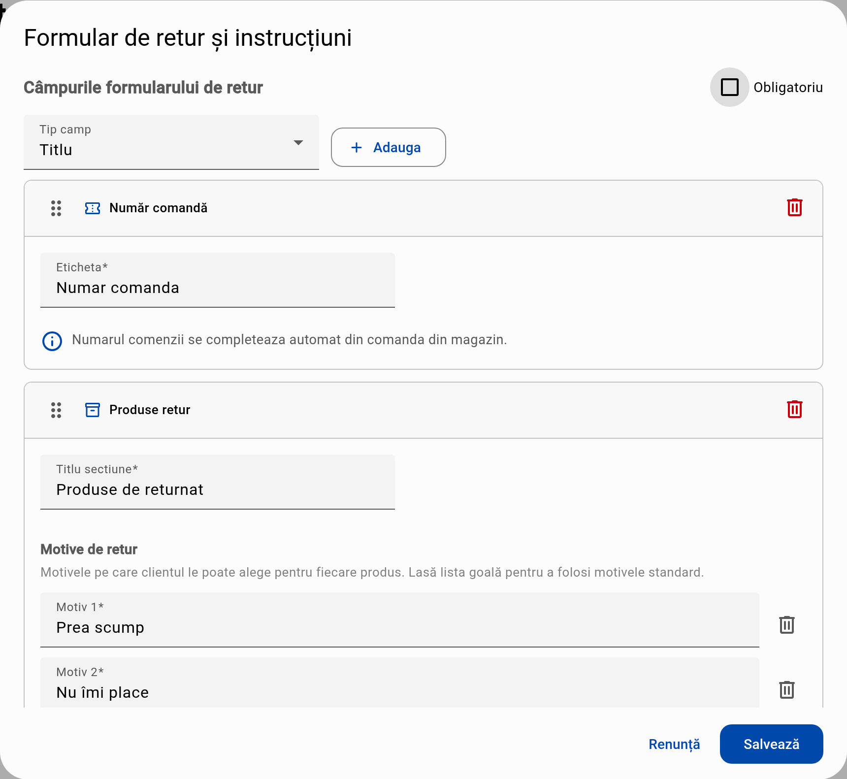 Captură: fereastra Formular de retur și instrucțiuni, cu
        câmpurile formularului (număr comandă, produse retur) și motivele
        de retur configurabile